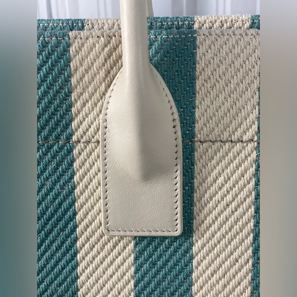 Saint Laurent * Linen Calfskin Striped Rive Gauche Tote Water Green - Picture 4 of 12